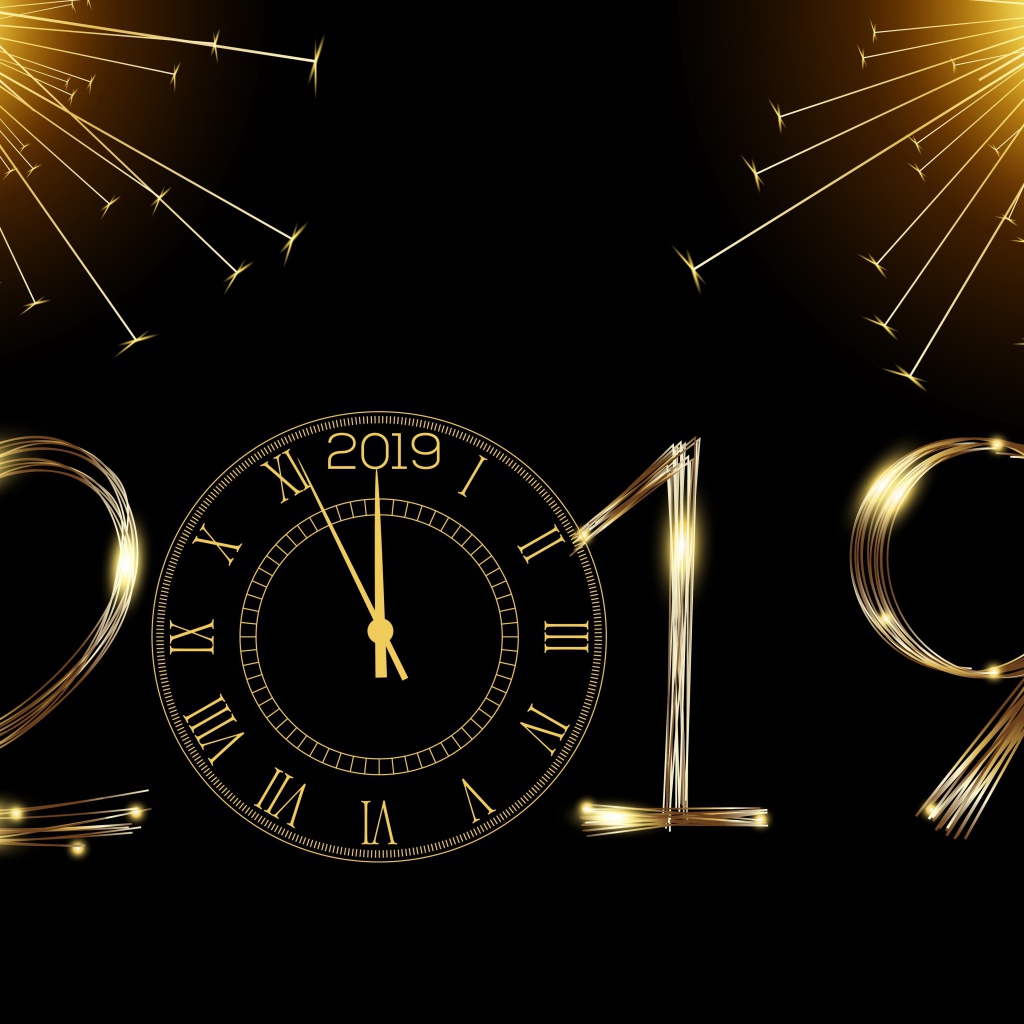 Яркие цифры 2019 с часами на черном фоне
