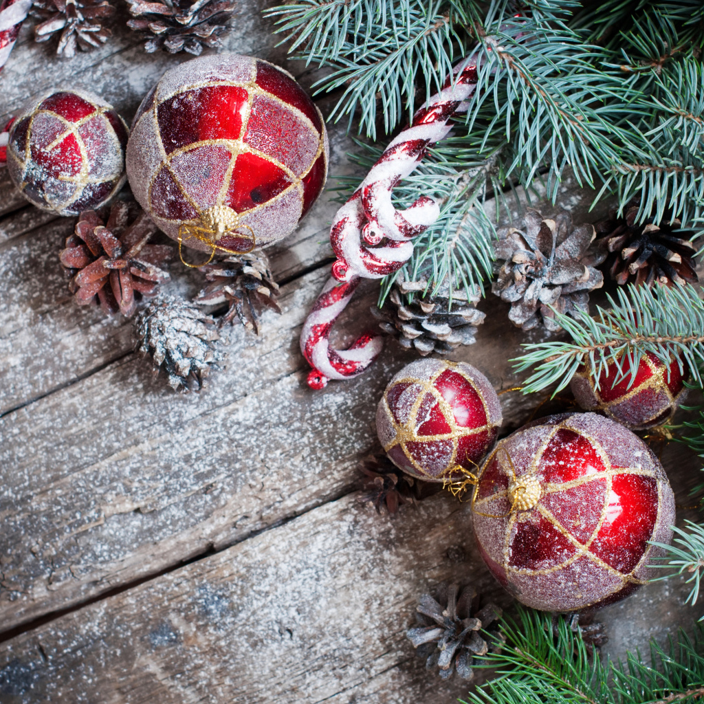 Красные еловые игрушки, шишки и зеленая еловая ветка на Новый год и Рождество 2019 