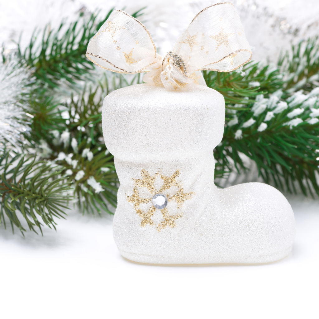 Ботинок с бантом и зеленая еловая ветка на белом фоне на Новый год 