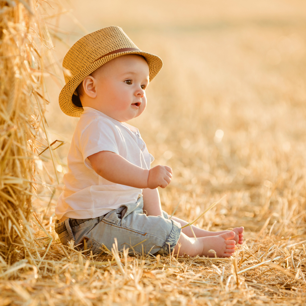 A little boy is sitting on the hay