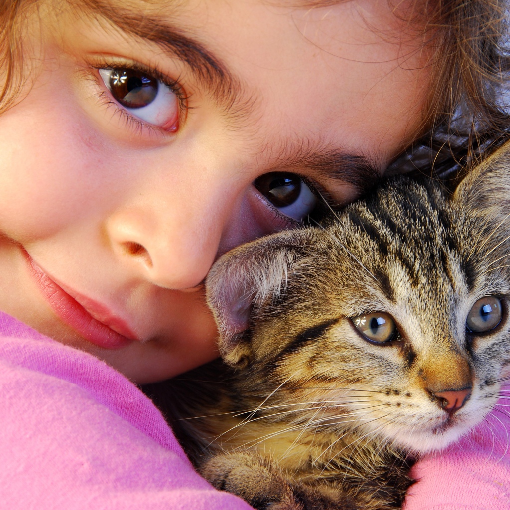Маленькая кареглазая девочка с серым котом