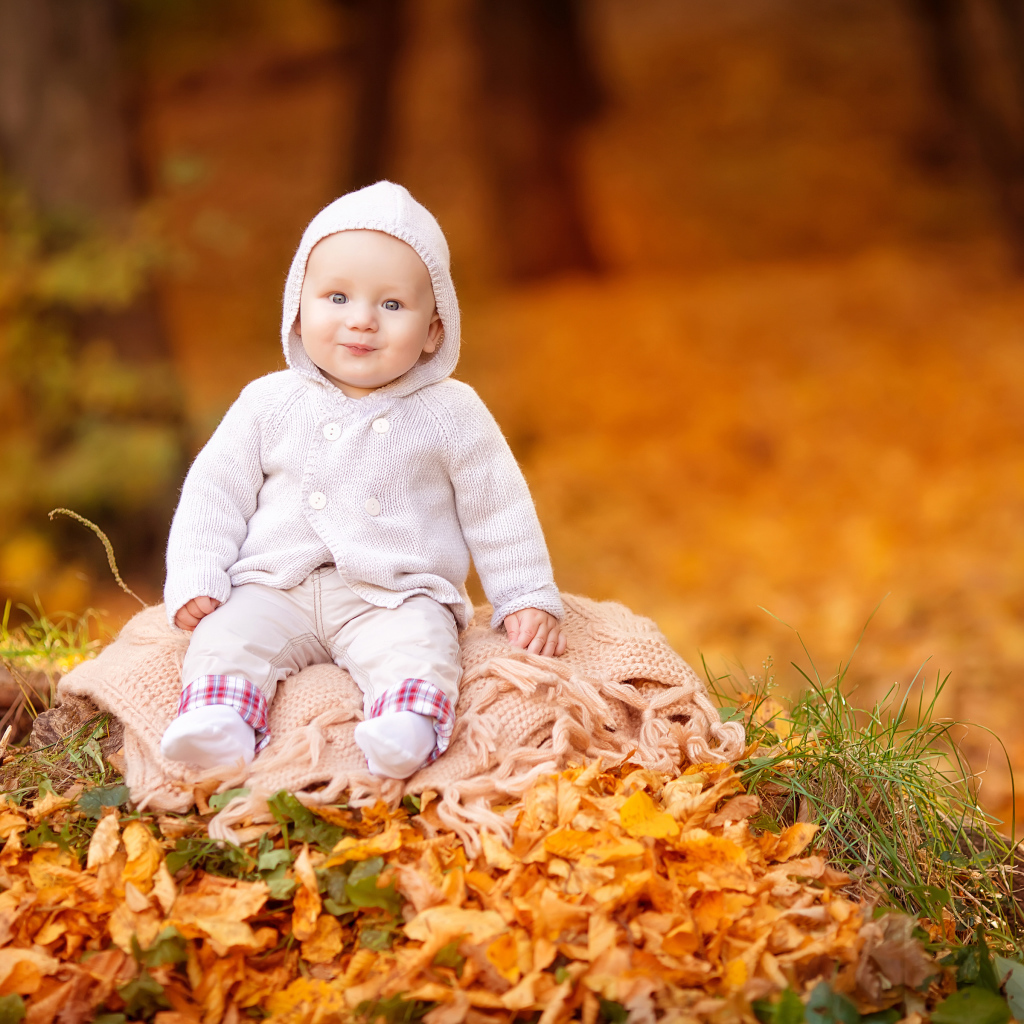 Маленький ребенок сидит на листве осенью 
