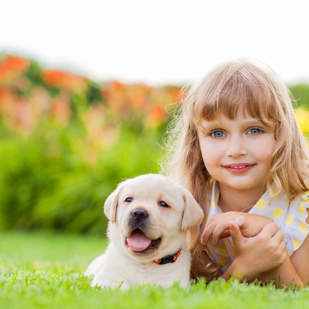 Милая маленькая девочка с щенком золотистого ретривера лежит на зеленой траве