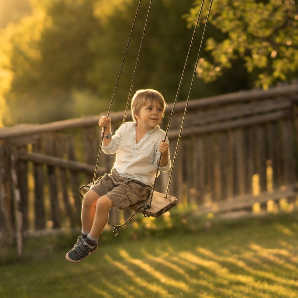 Маленький мальчик катается на качели летом