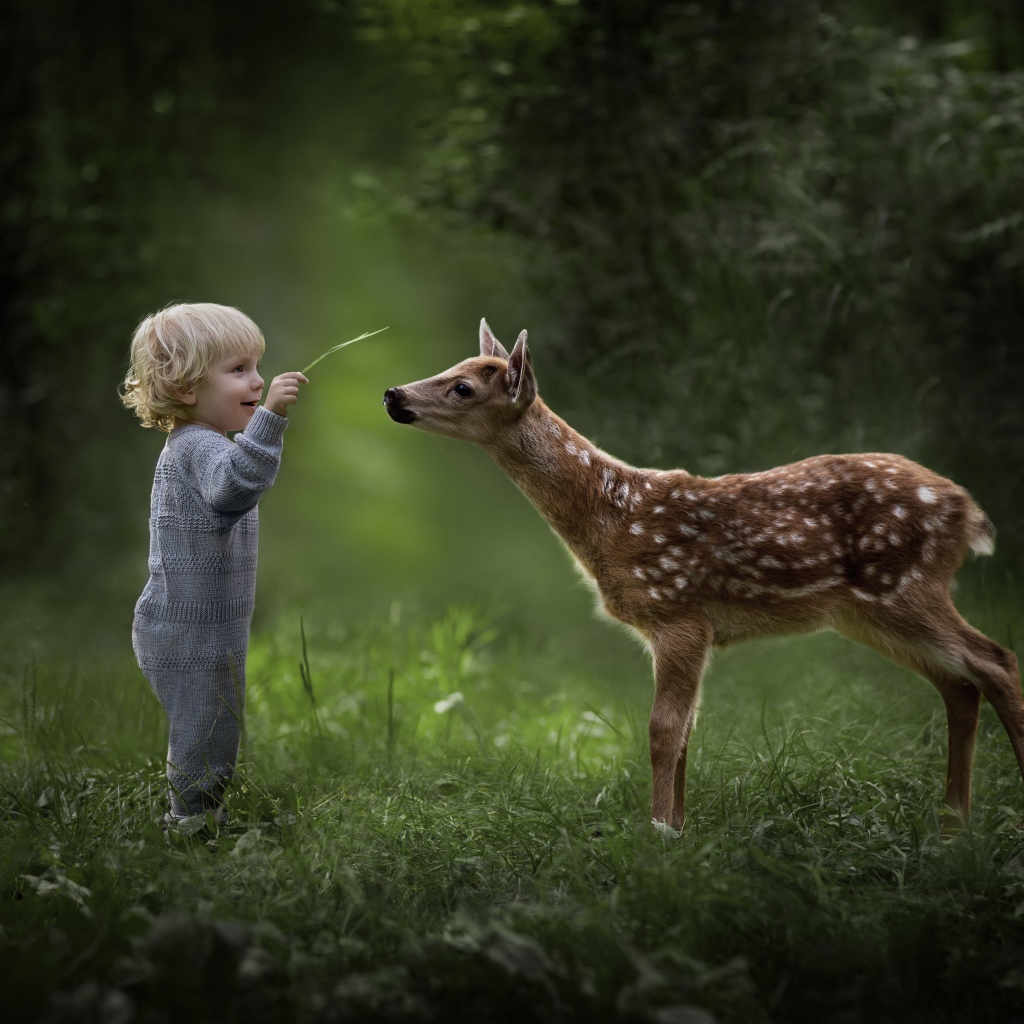 Маленький мальчик с оленем в лесу