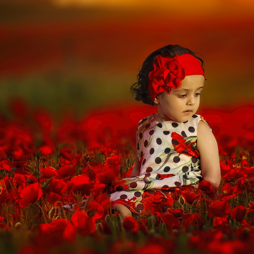 Маленькая девочка в красивом платье на поле с красными маками