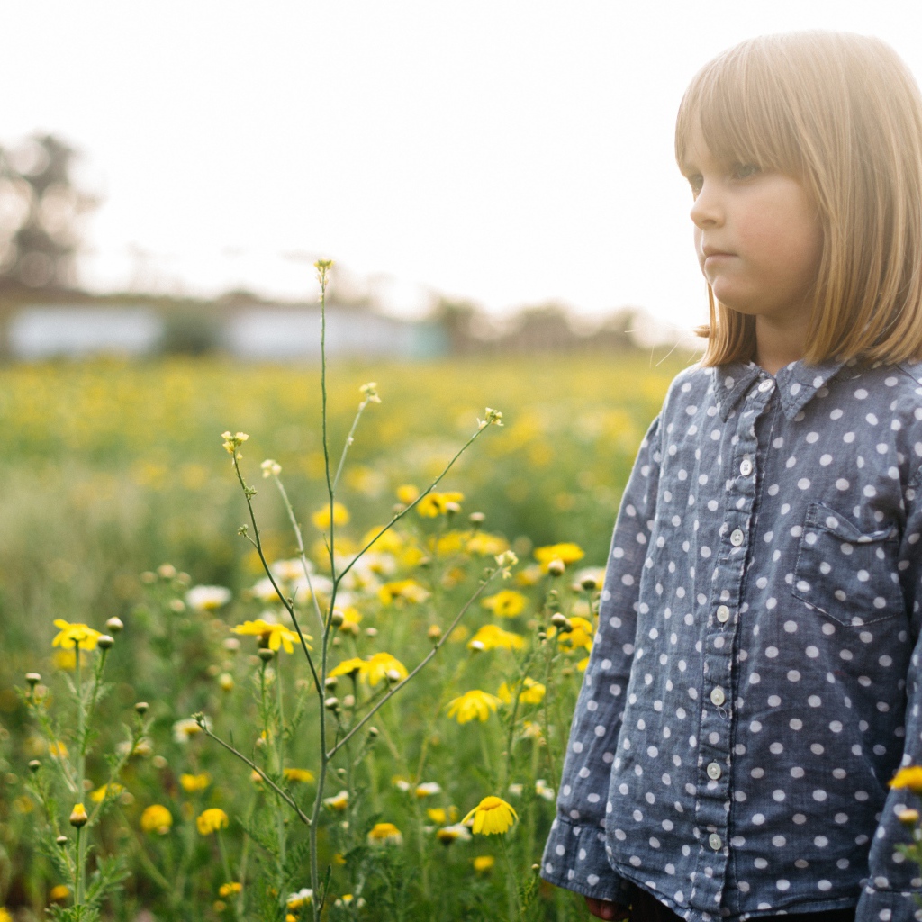 Маленькая девочка на поле с желтыми полевыми цветами