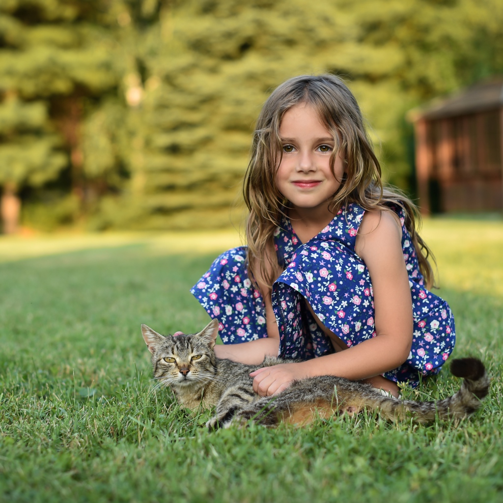 Маленькая девочка сидит на зеленой траве с серым котом