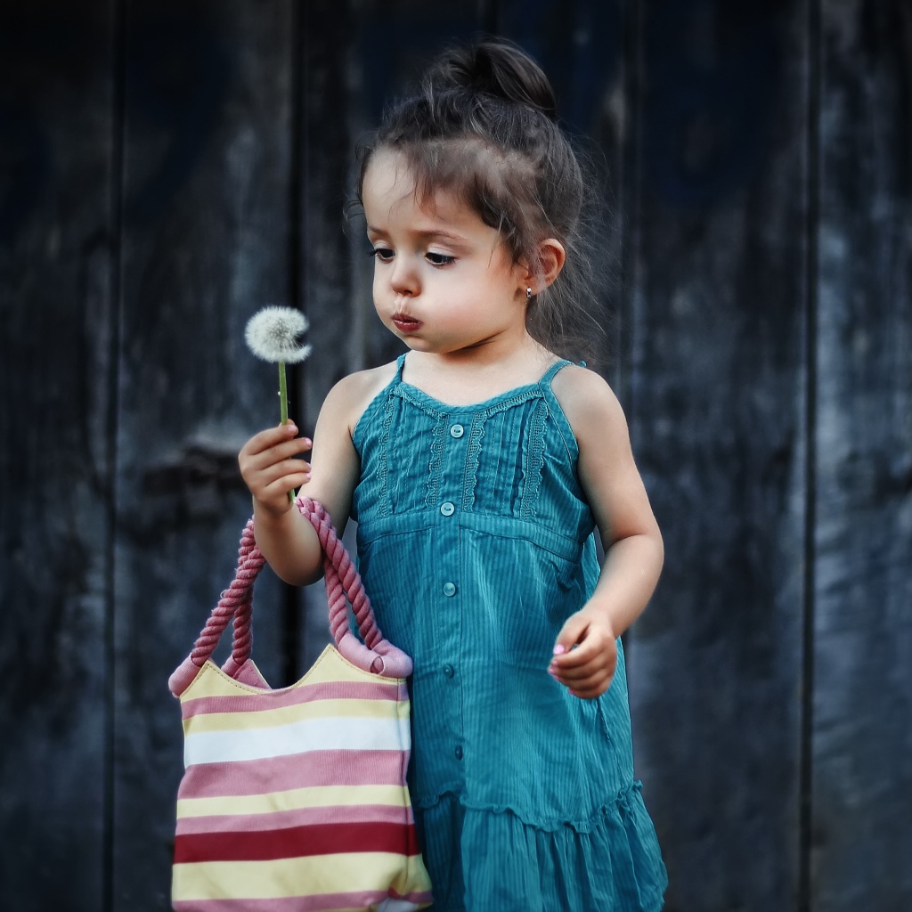 Маленькая девочка с сумкой и одуванчиком в руке