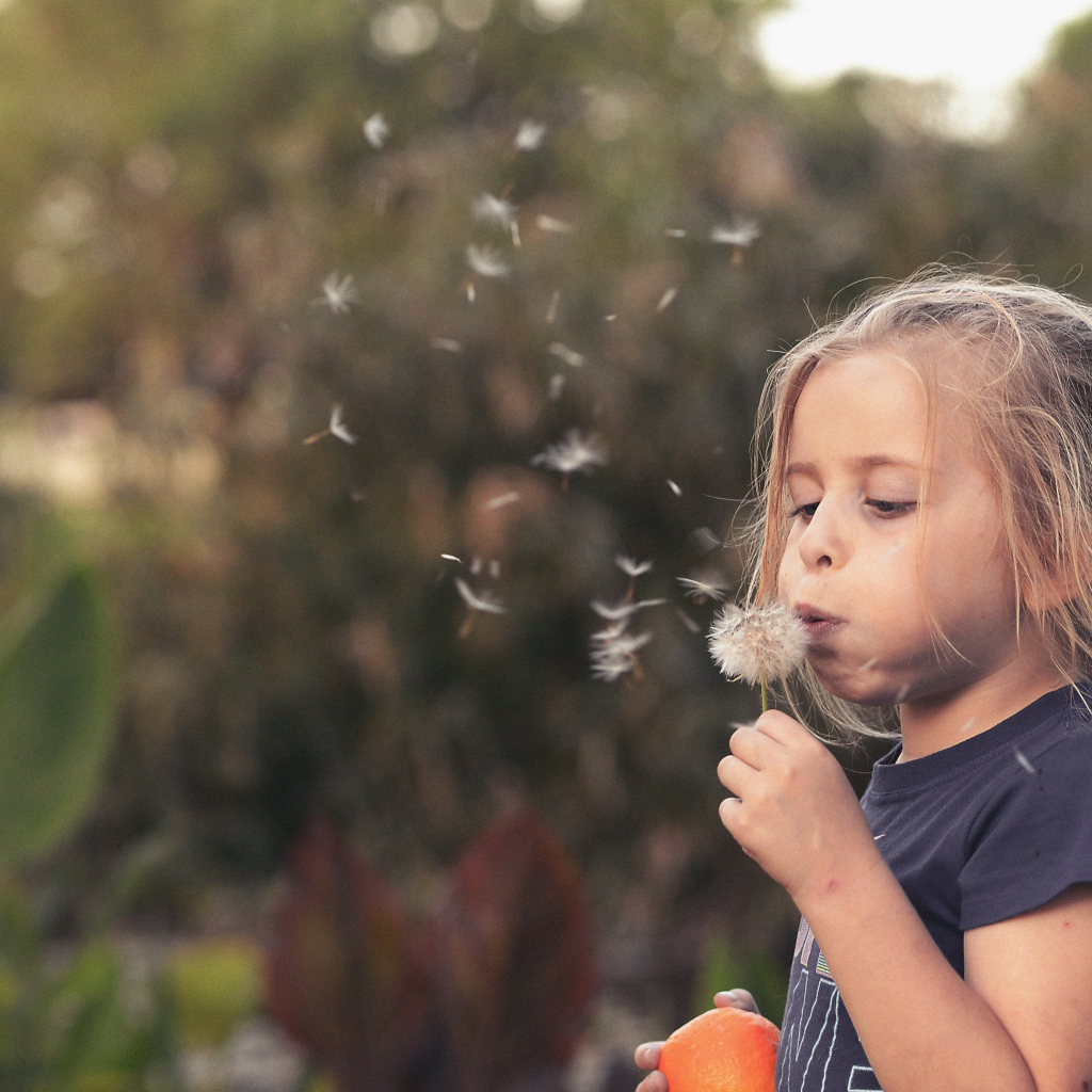 Маленькая девочка с одуванчиком в руках 