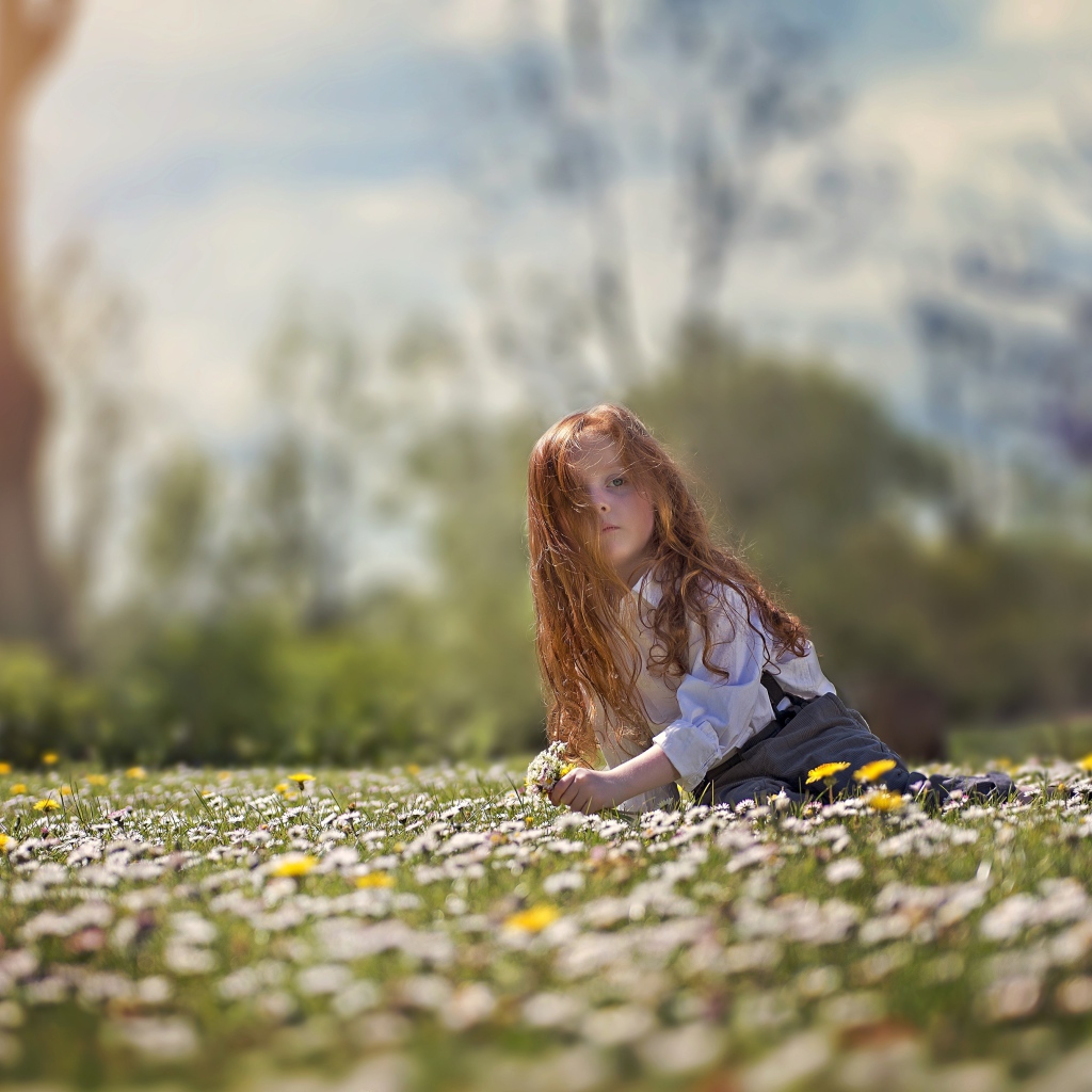 Маленькая рыжеволосая девочка сидит на поле с белыми ромашками