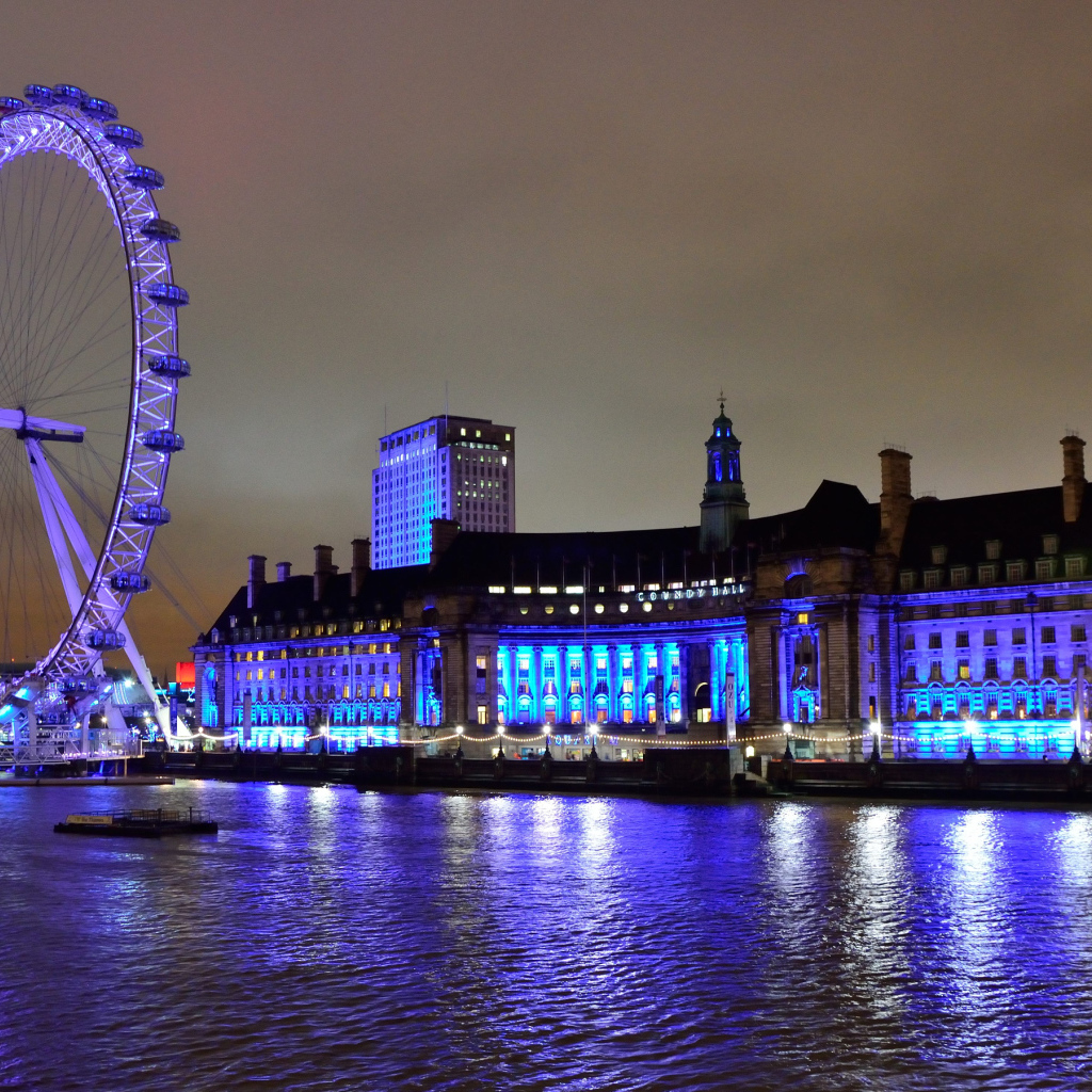 Колесо обозрения у воды ночью, Лондон