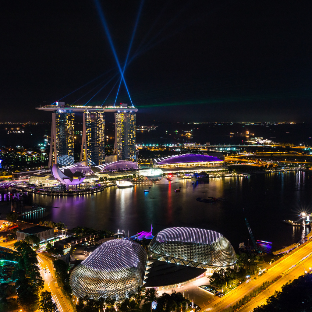 Ночные огни залива Marina Bay Сингапур, Азия