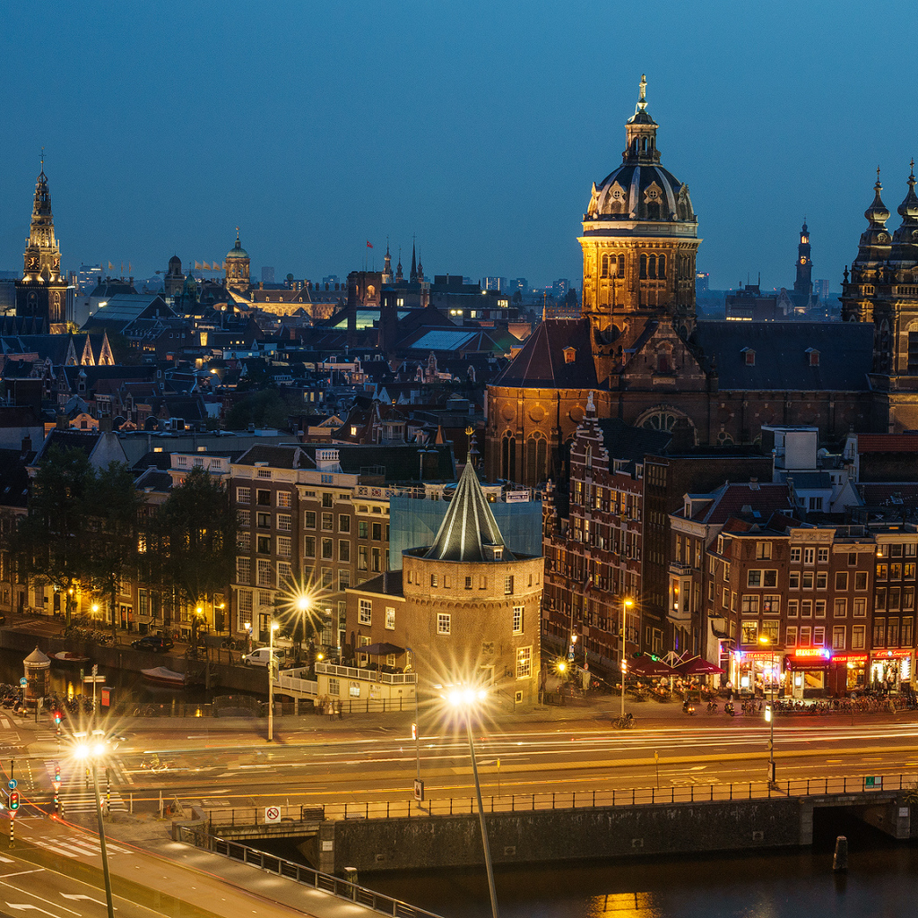 Панорама ночного города Амстердам, Нидерланды