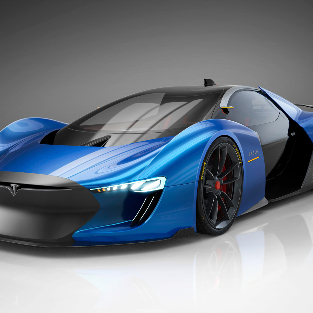 Дорогой автомобиль Tesla Model EXP, 2018 на сером фоне