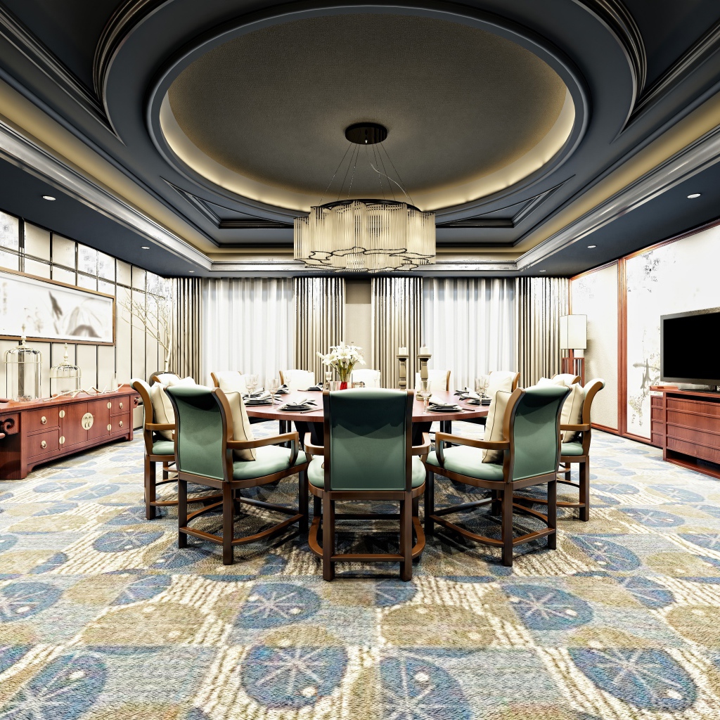 Большая гостиная комната со столом и большой люстрой