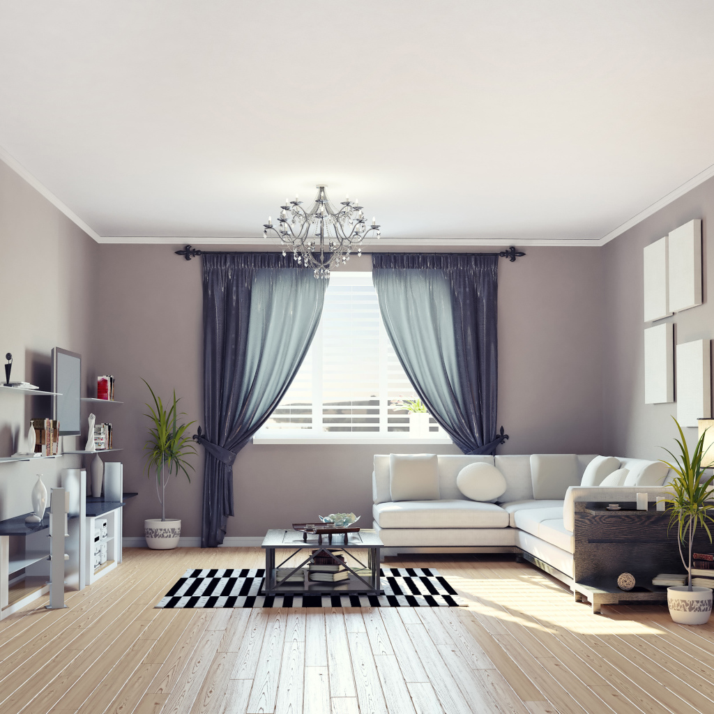 Гостиная комната в серых тонах с диваном