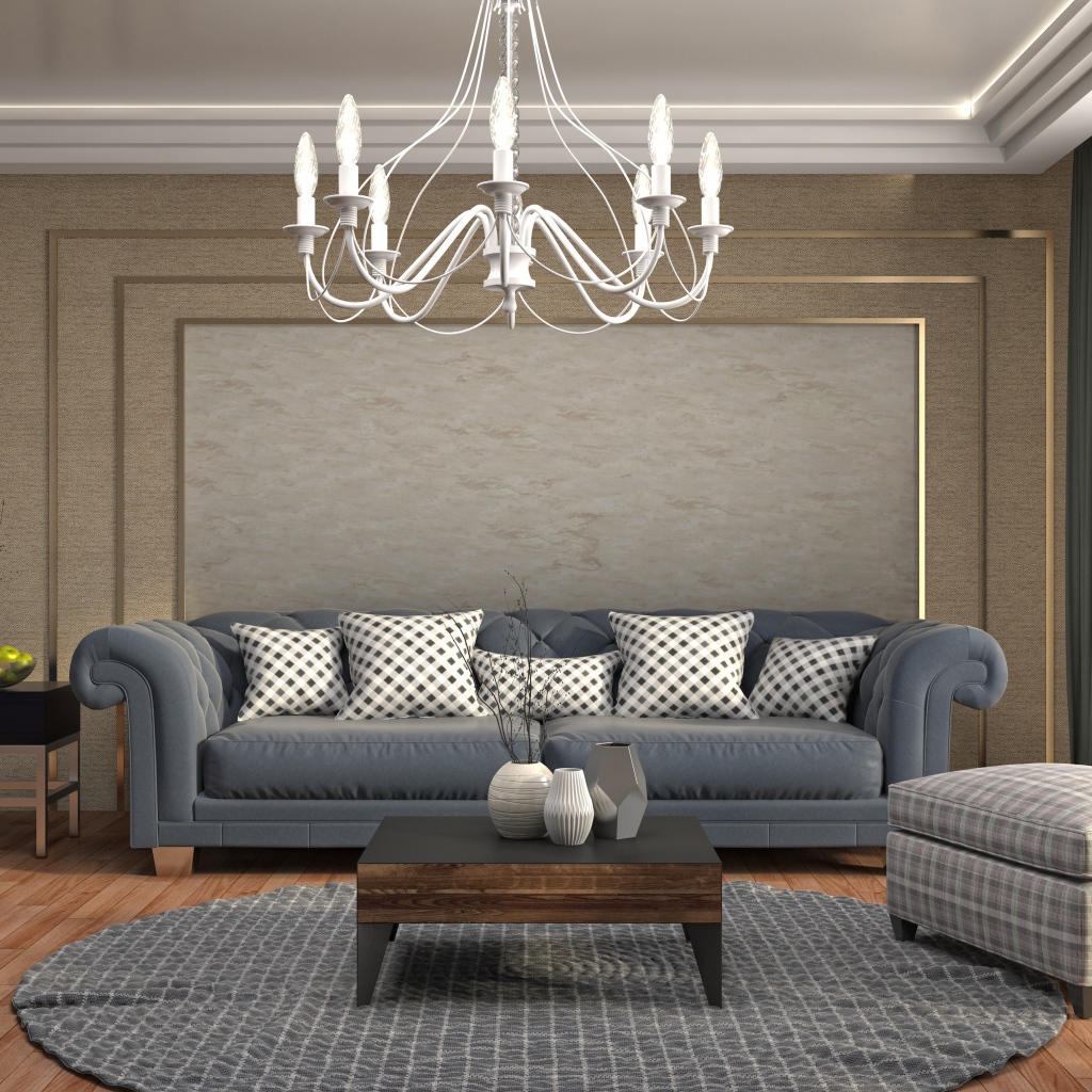 Гостинная комната с большим серым диваном