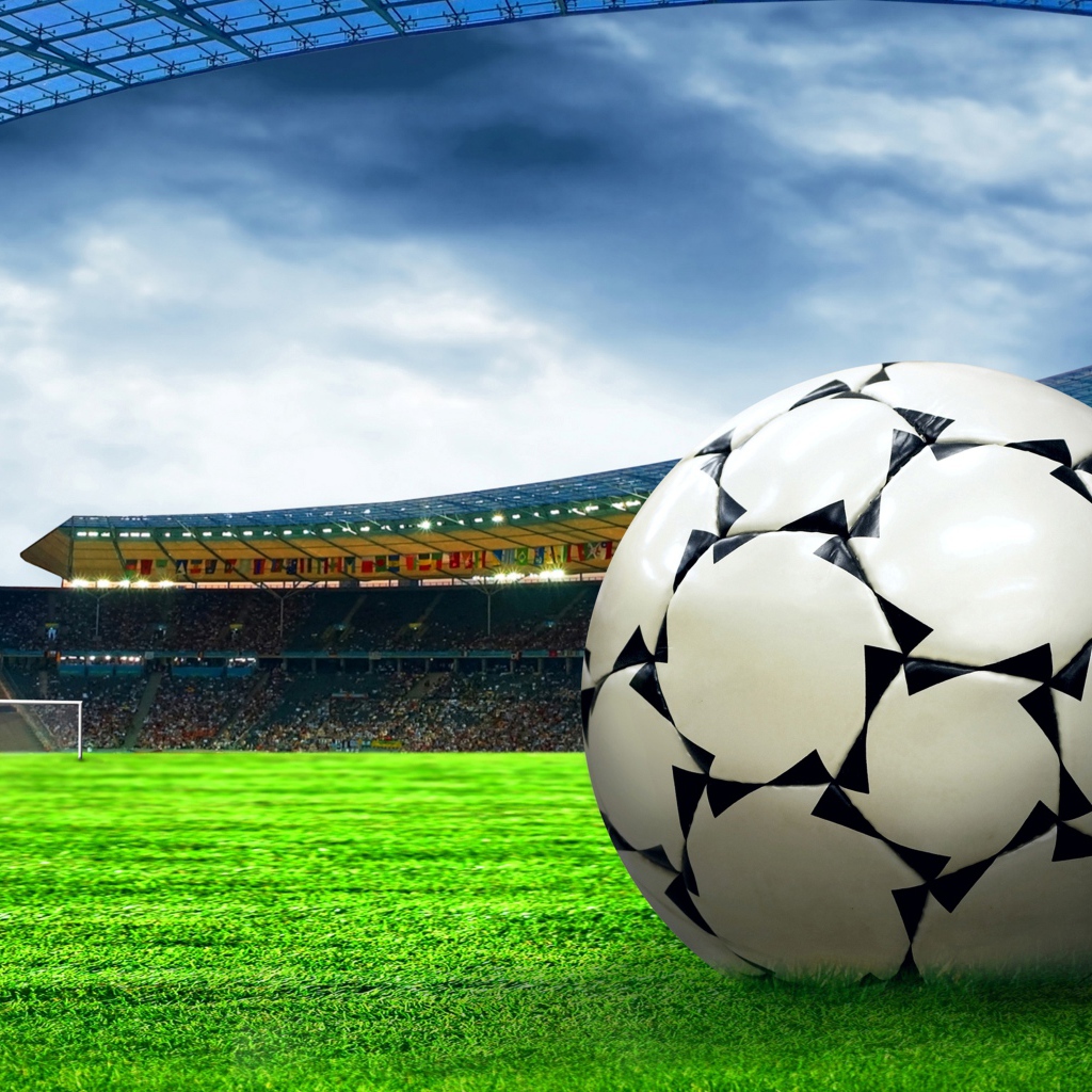 Футбольный мяч на зеленой траве стадиона