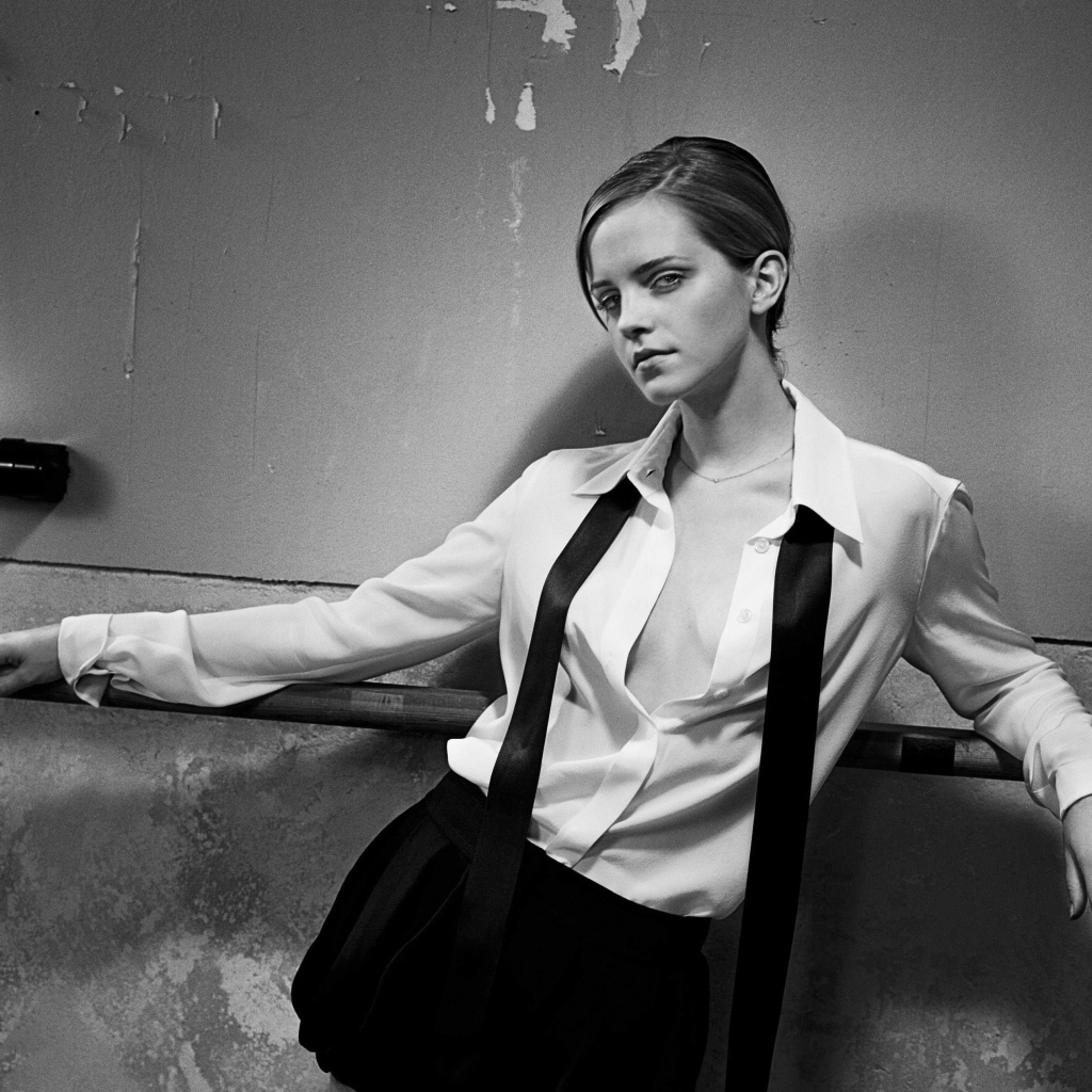 Stylish actress Emma Watson, black and white photo