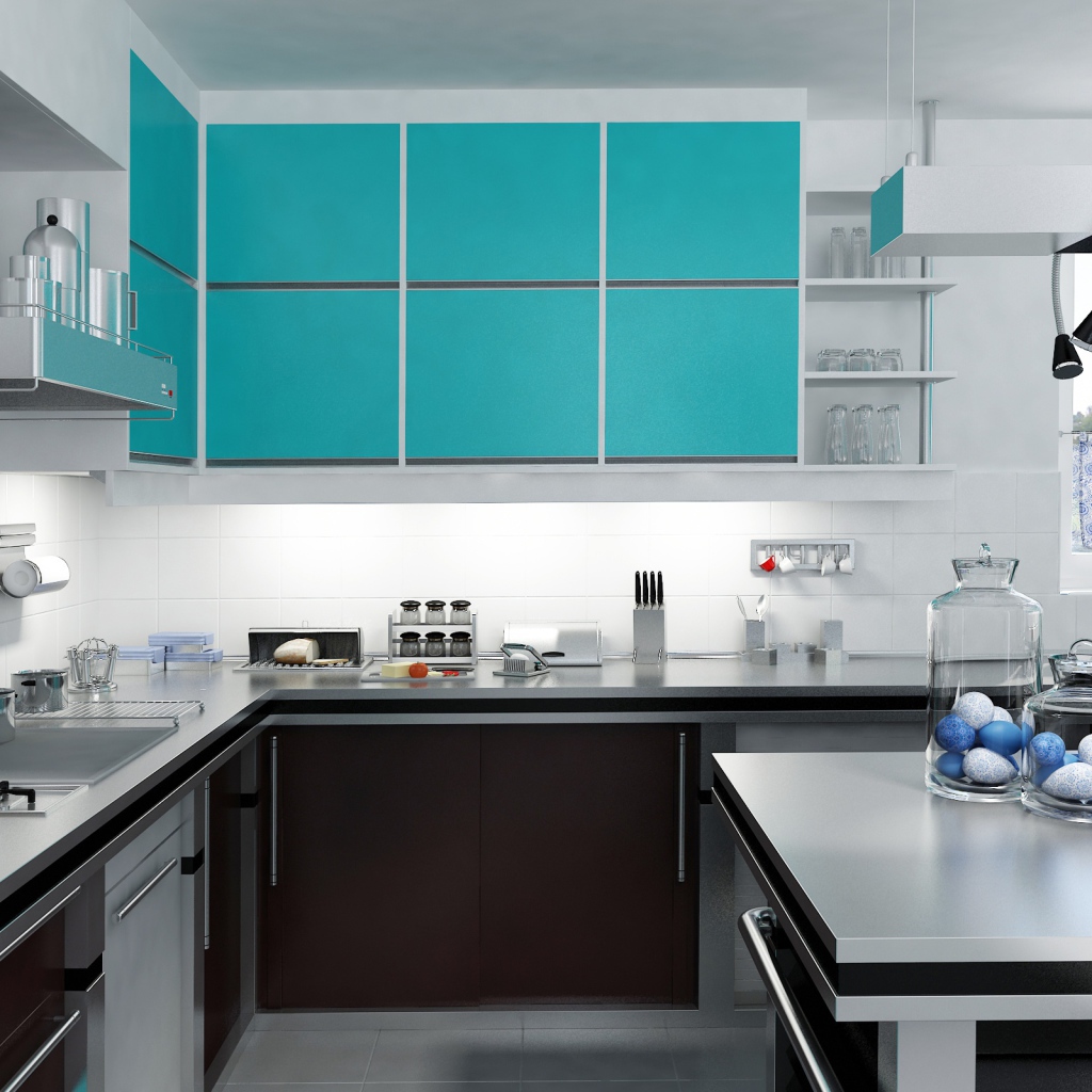 Стильная кухня сером и голубом цвете