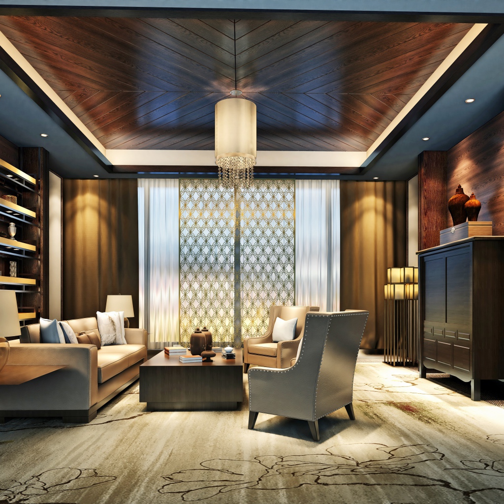 Стильная гостиная с деревянной отделкой