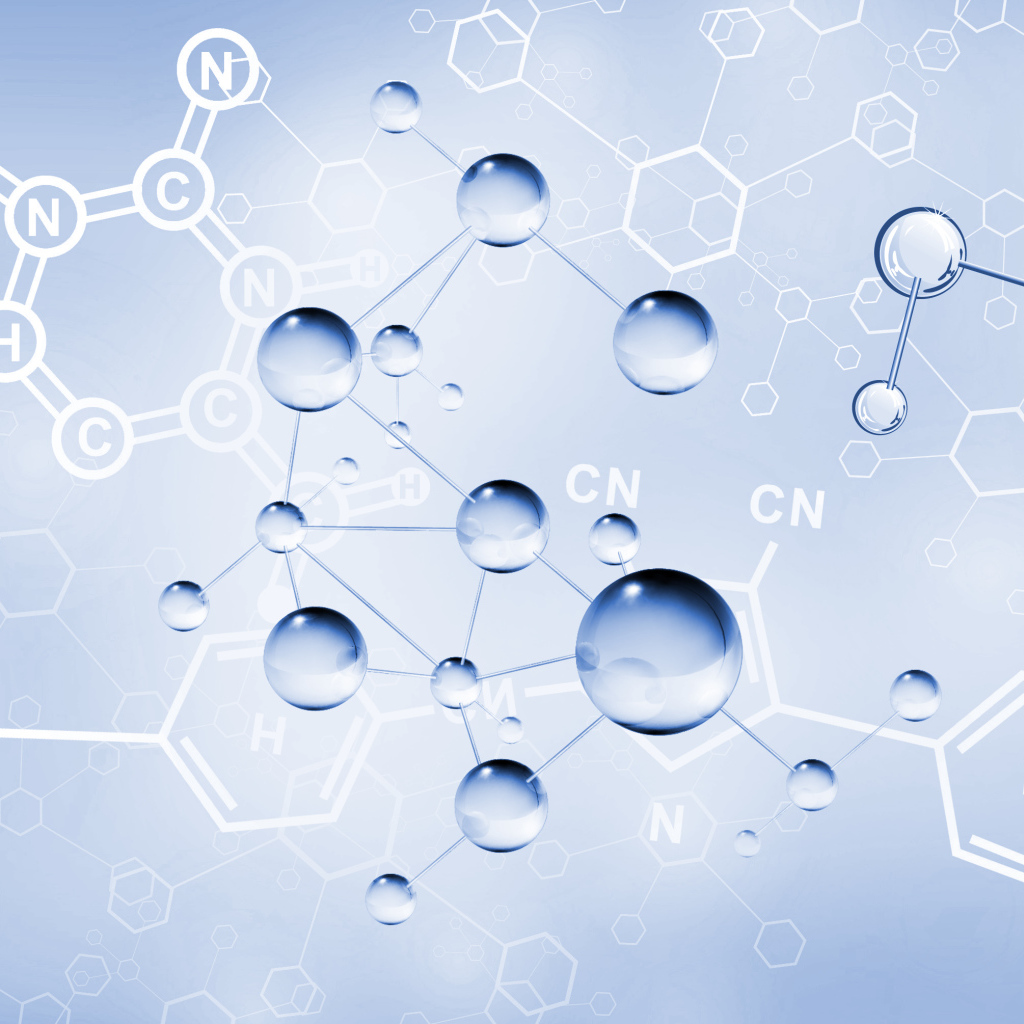 Химические соединения на голубом фоне, 3д графика