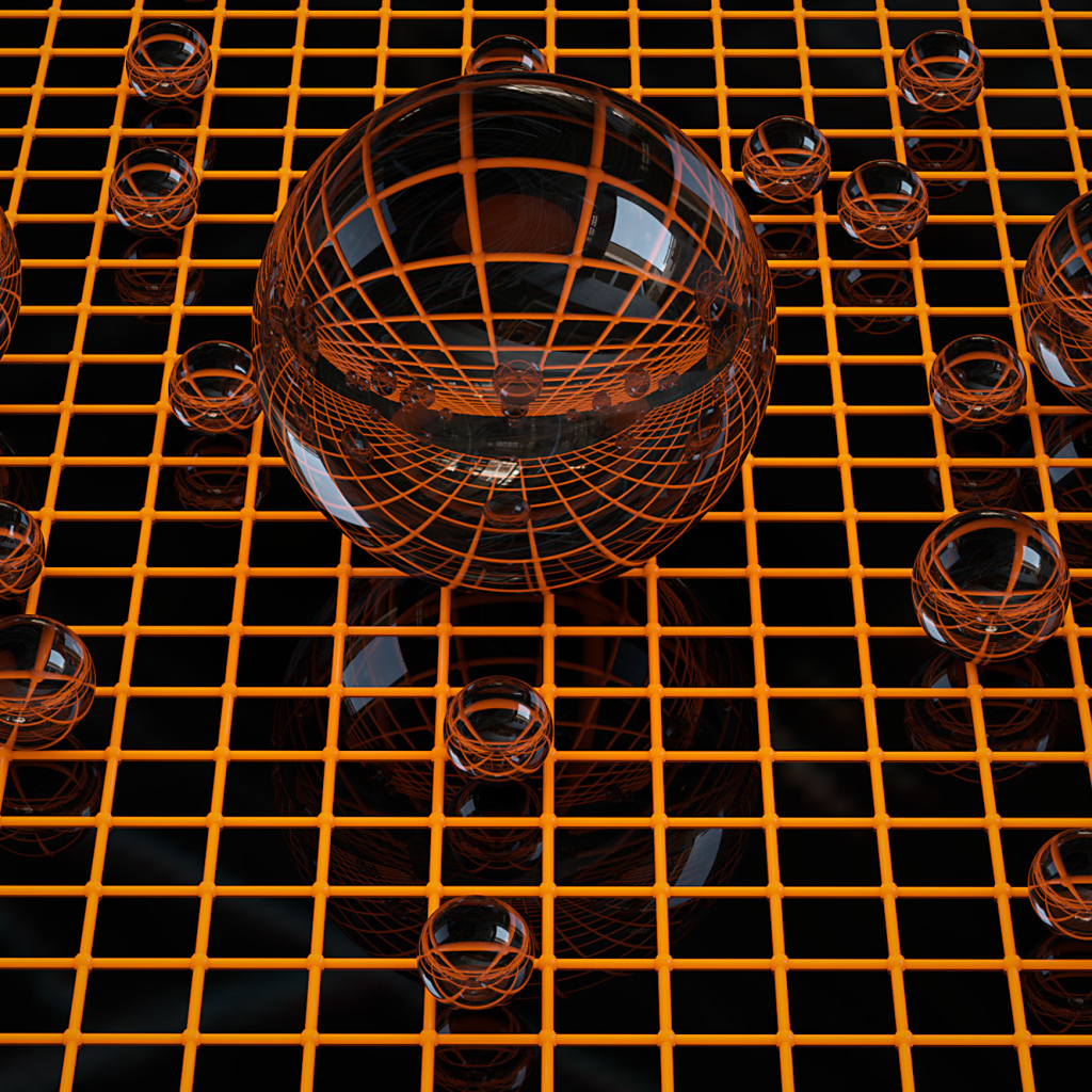 Glass spheres on a grid 3D graphics