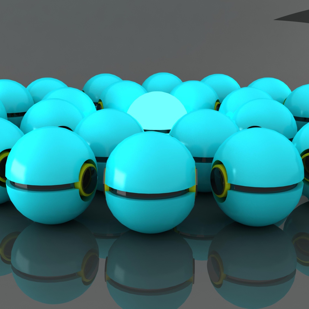 Много голубых шаров отражаются в сером поверхности 