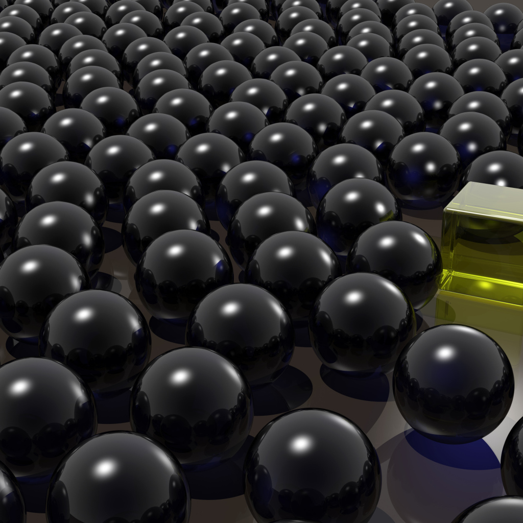 Желтый куб среди черных шаров 3д графика