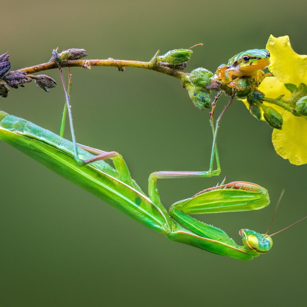Зеленый богомол сидит на желтом цветке