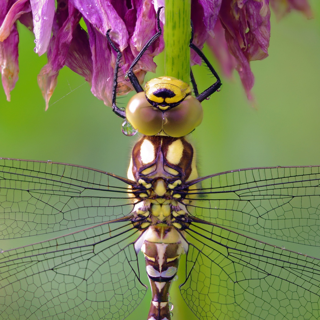 Стрекоза сидит на цветке крупным планом