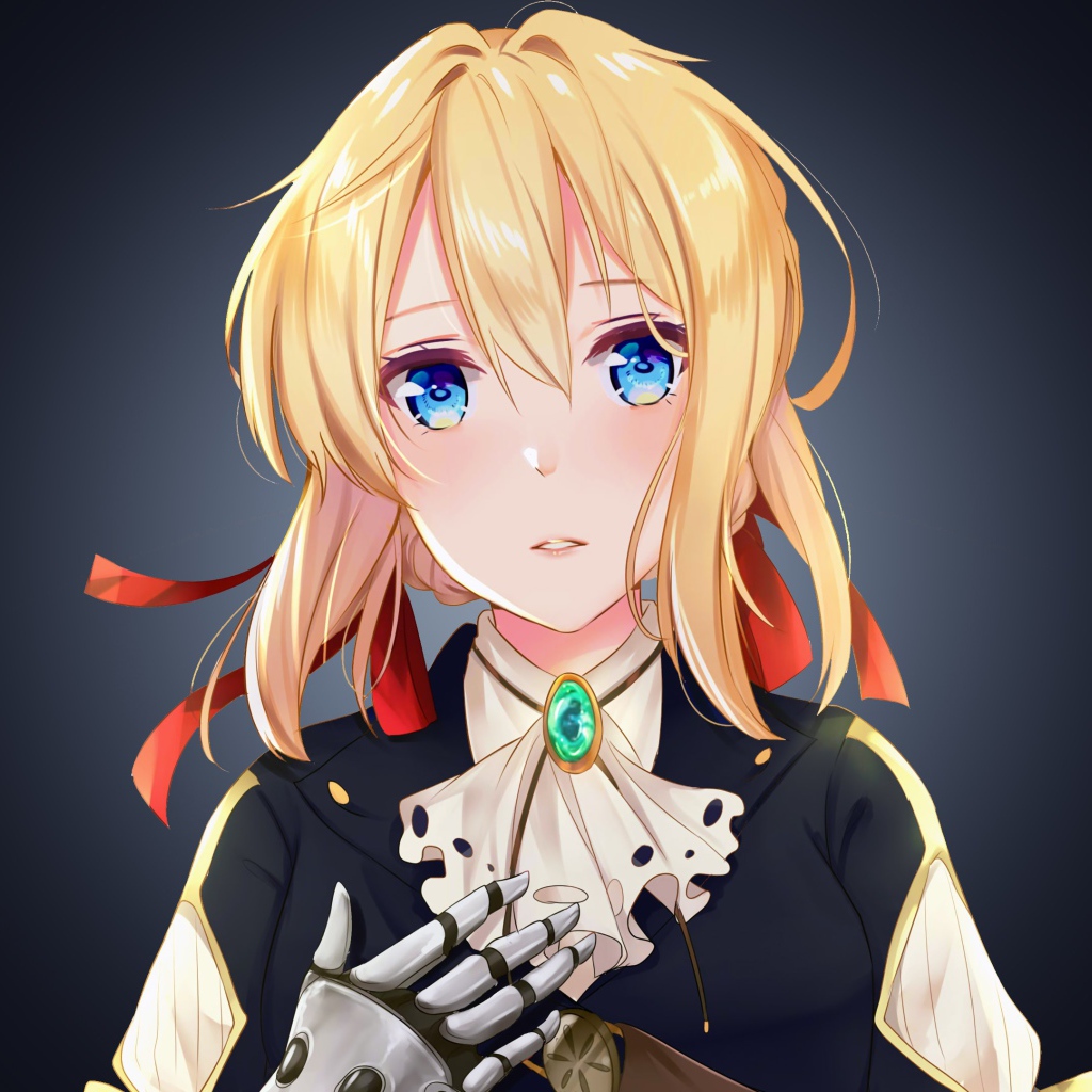 Девушка аниме Вайолет Эвергарден на сером фоне