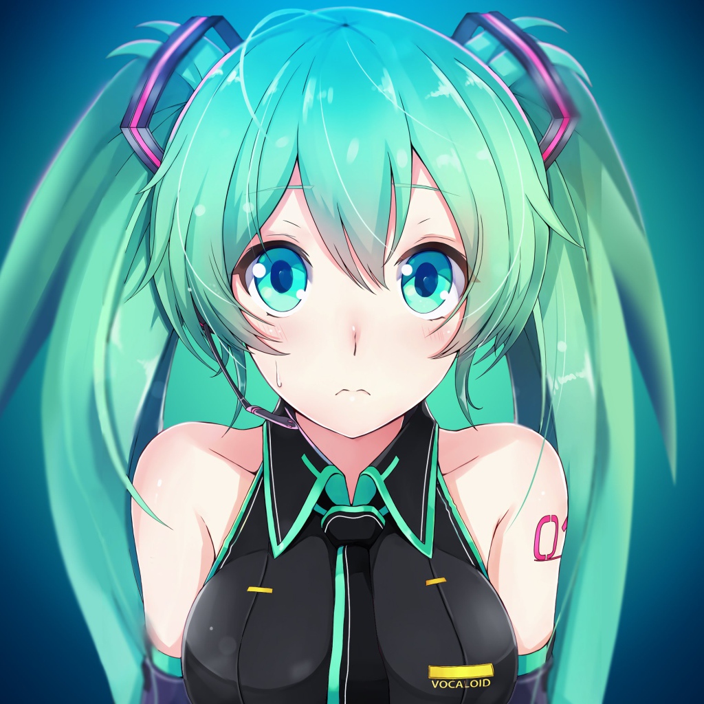 Девушка аниме Мику Хацунэ с большими голубыми глазами