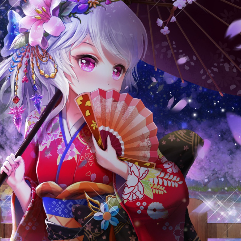 Девушка аниме с веером и зонтом в руке