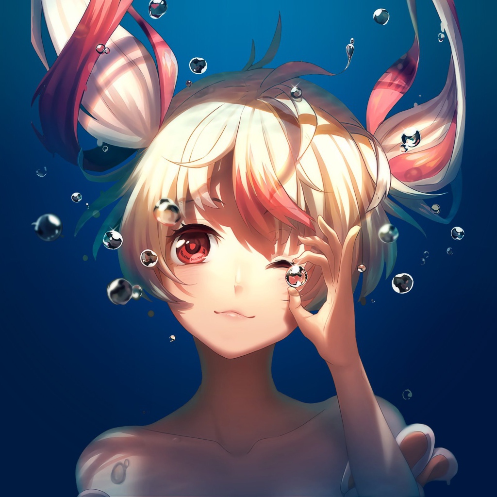 Девушка аниме с воздушными пузырями под водой 