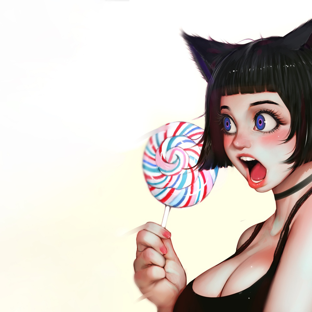 Anime girl with candy in hand on white background