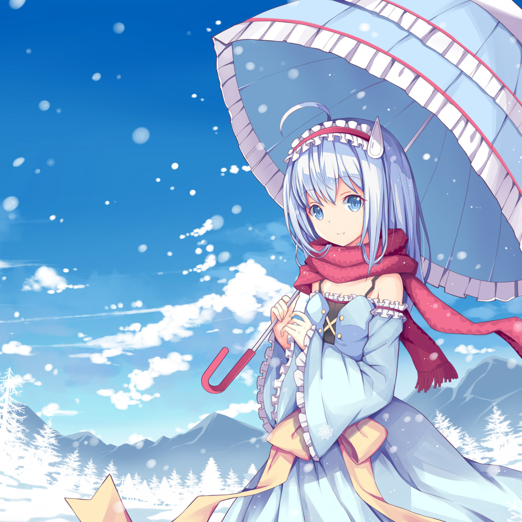 Девушка аниме с зонтом в заснеженном лесу