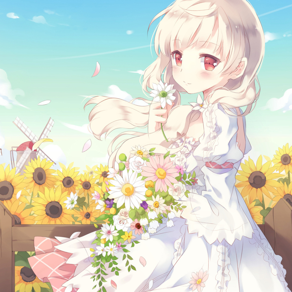 Красивая девушка аниме с букетом цветов в руках 