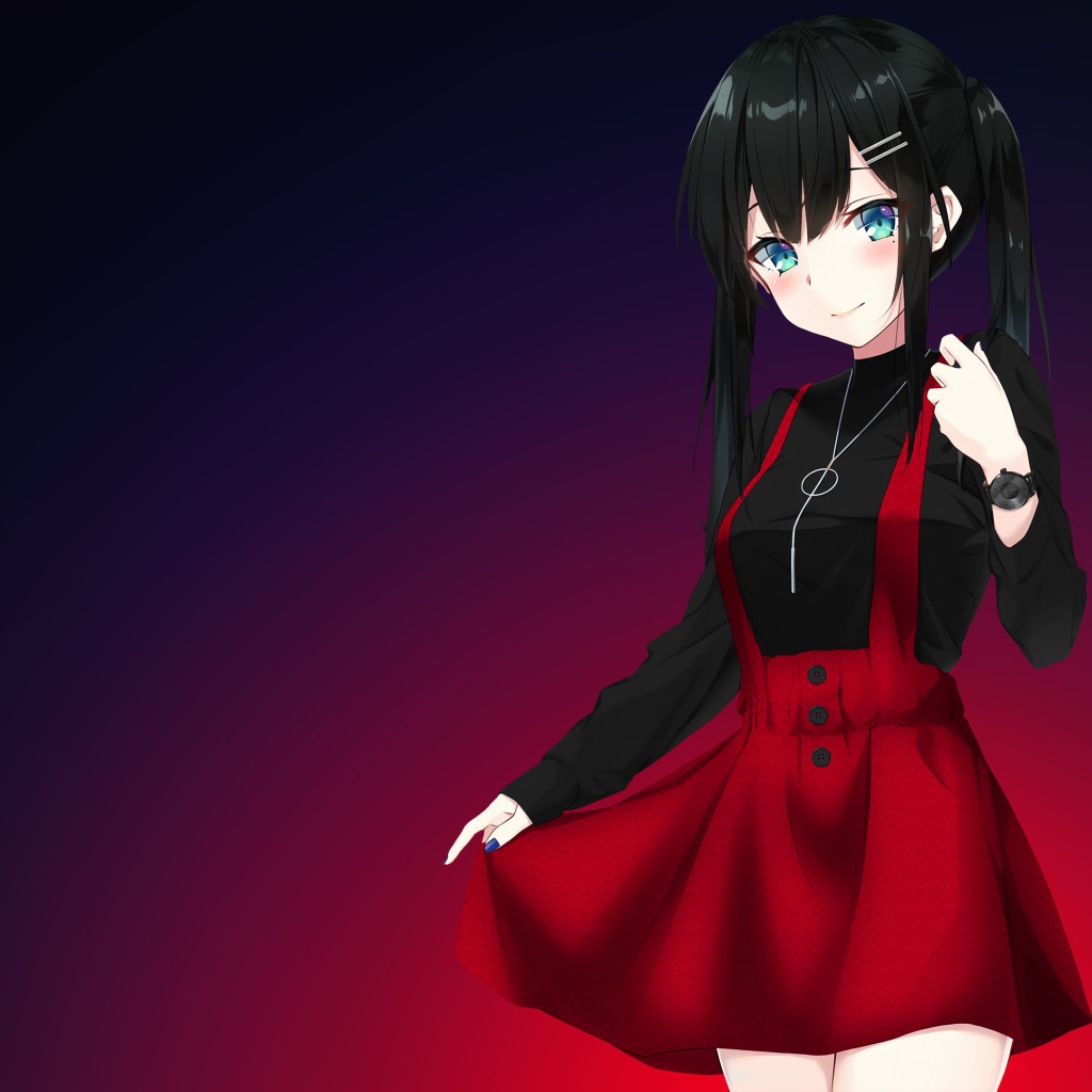 Голубоглазая девушка аниме на фиолетовом фоне