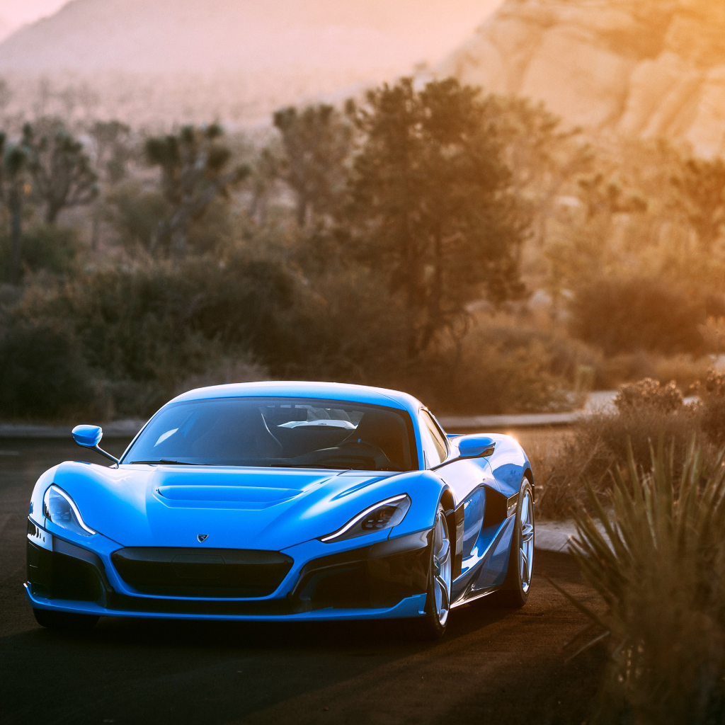 Blue sports car Rimac C Two California Edition front view