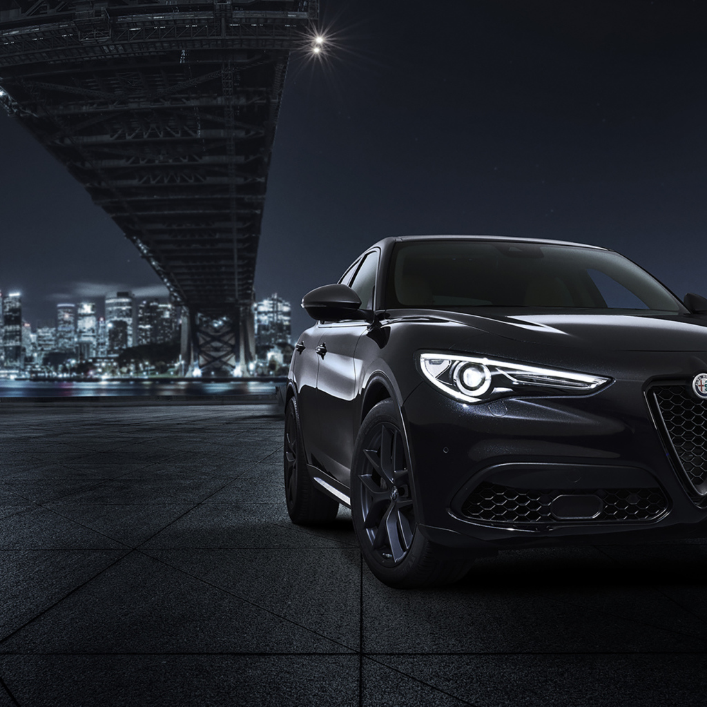 Черный автомобиль Alfa Romeo, 2019 года под мостом 