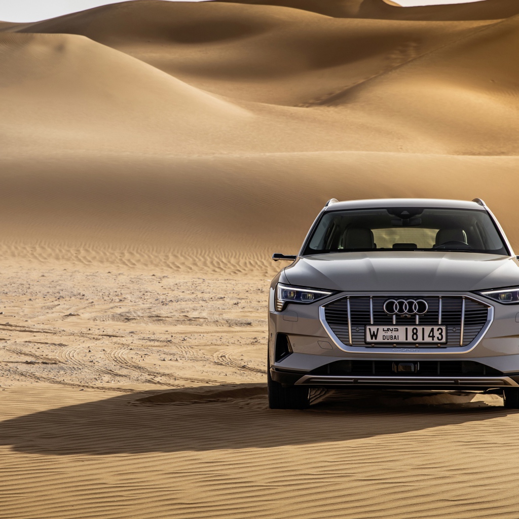Silver car Audi E-tron Quattro in the desert