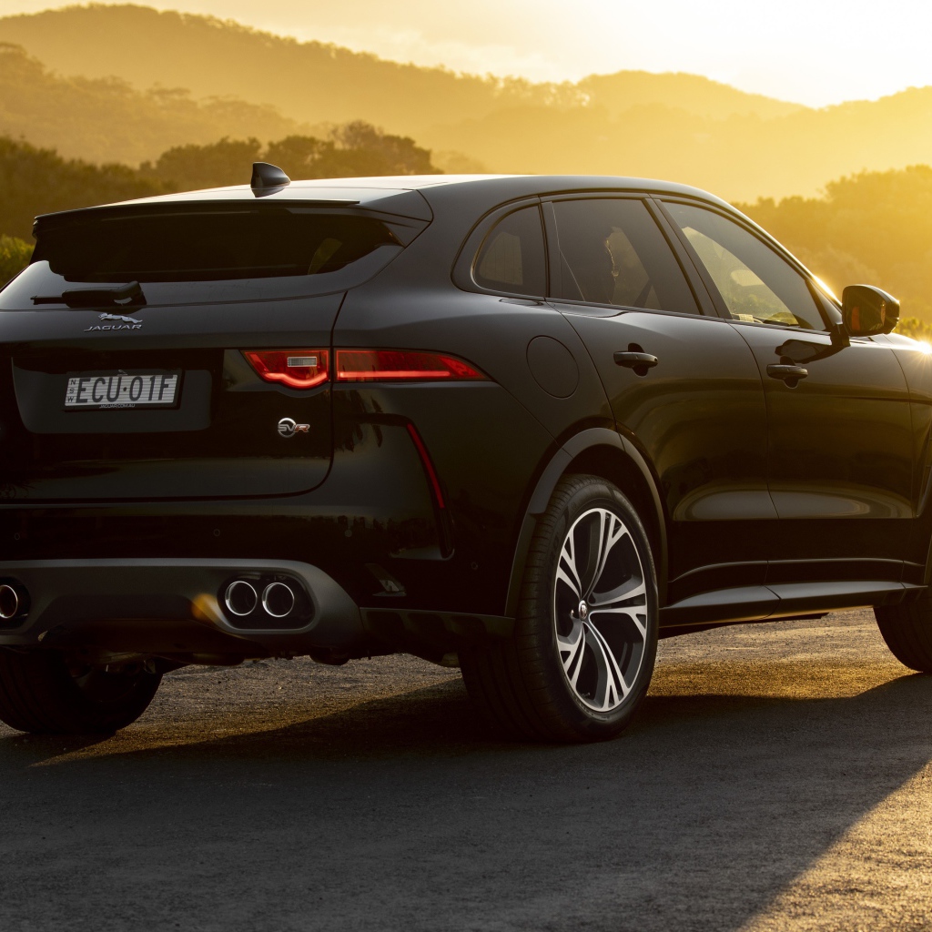 Черный стильный Jaguar F-Pace SVR 2019 года вид сзади