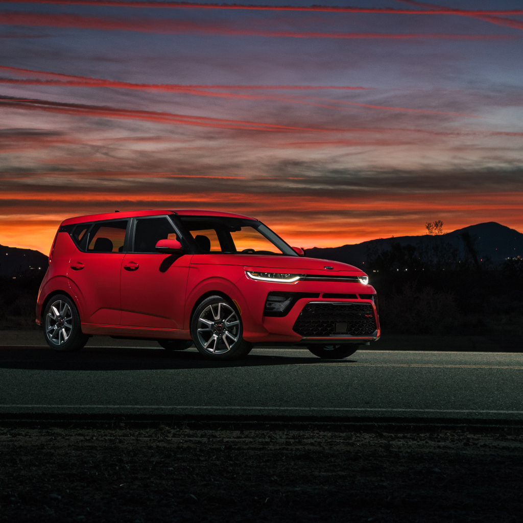 Red car Kia Soul GT-Line, 2020 against the night sky