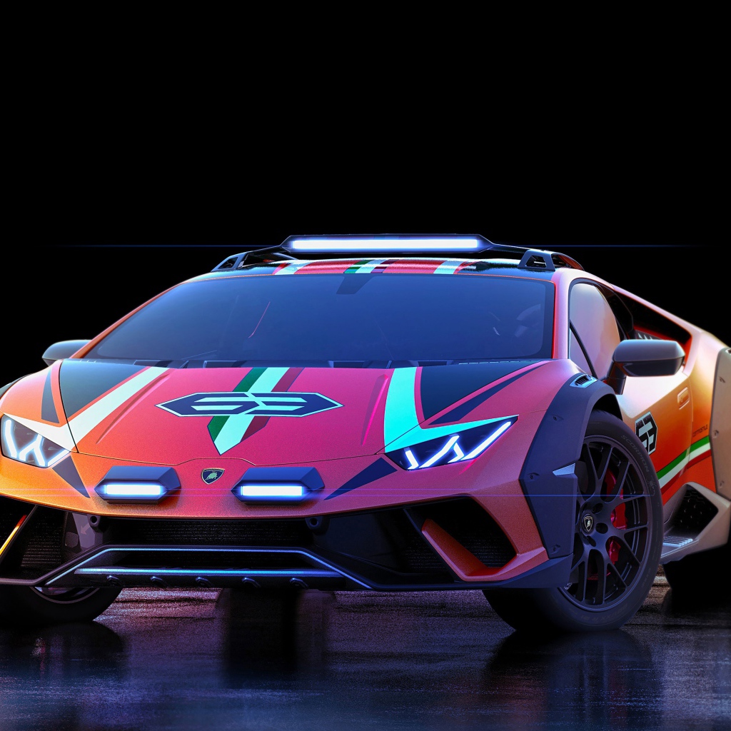 Гоночный автомобиль Lamborghini Huracan,  2019 года на мокром асфальте