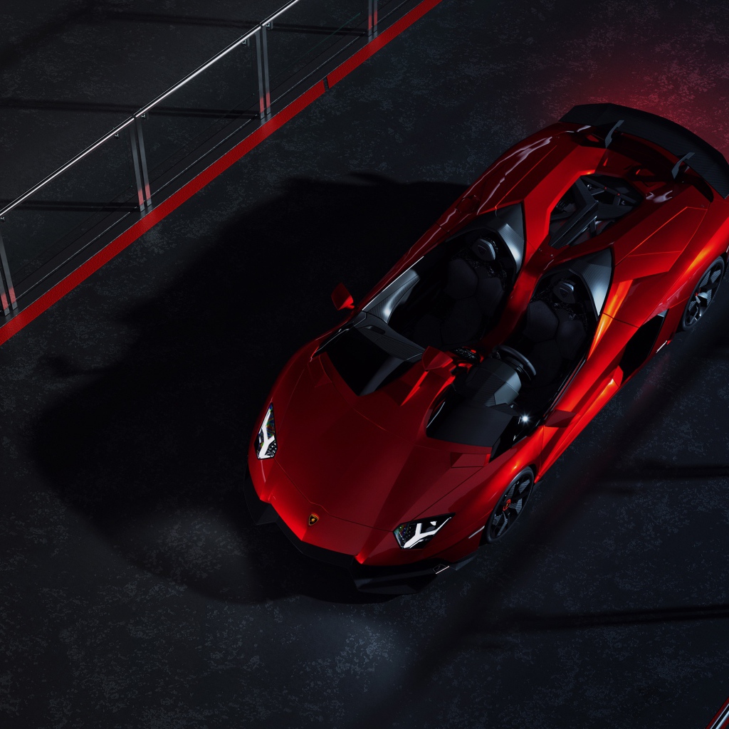 Красный спортивный автомобиль Lamborghini Aventador J CGI вид сверху