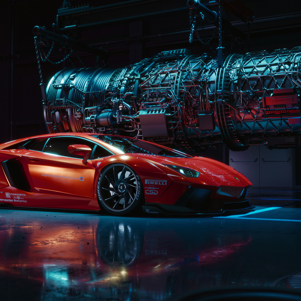 Красный спортивный автомобиль Lamborghini Aventador в бункере