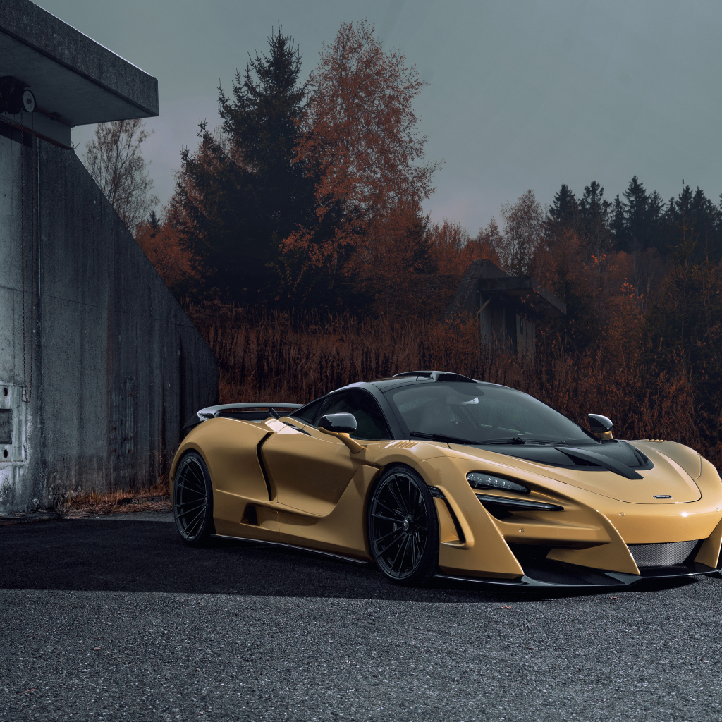 Дорогой автомобиль McLaren 720S у железных ворот