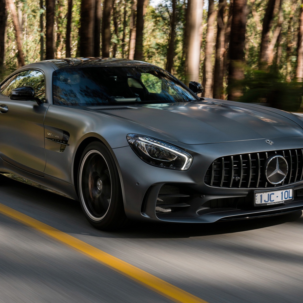 Silver car Mercedes-Benz AMG GT R, 2018 on the track